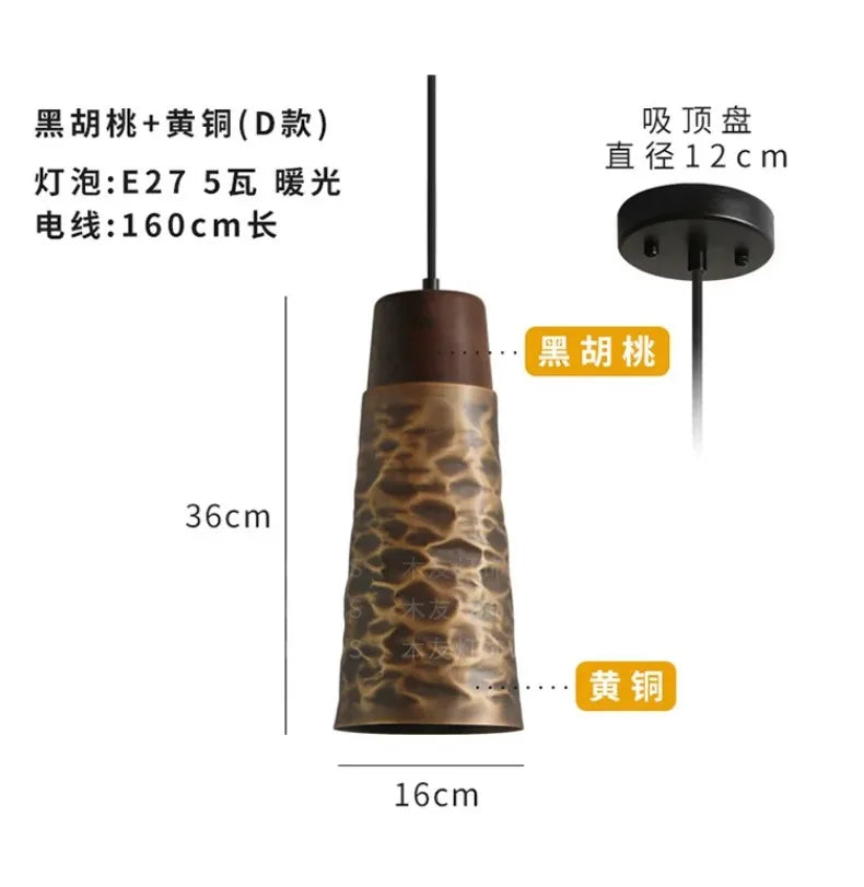 American Vintage Walnut Copper Pendant Light LED E27 Home Decor Loft Kitchen Light Fixtures Dining Room Restaurant Bedside Store
