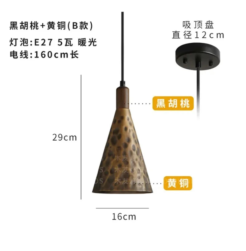 American Vintage Walnut Copper Pendant Light LED E27 Home Decor Loft Kitchen Light Fixtures Dining Room Restaurant Bedside Store