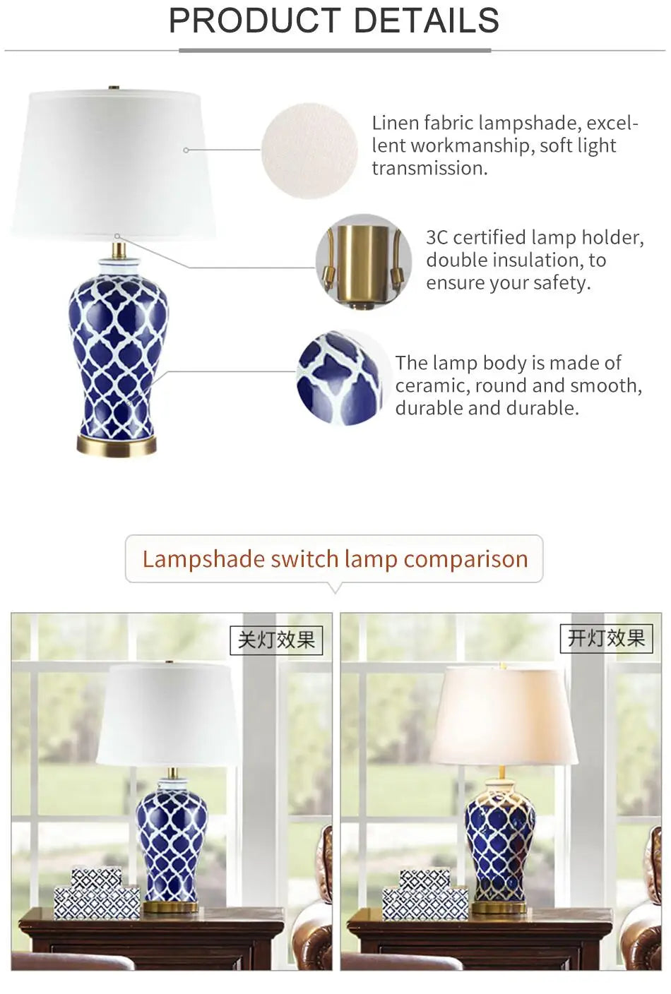 Classical Blue Ceramic Lamp Bedroom Bedside Table Lighting Living Room Study Home Decor Blue and White Porcelain Desk Lamp