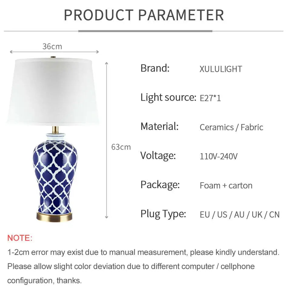 Classical Blue Ceramic Lamp Bedroom Bedside Table Lighting Living Room Study Home Decor Blue and White Porcelain Desk Lamp